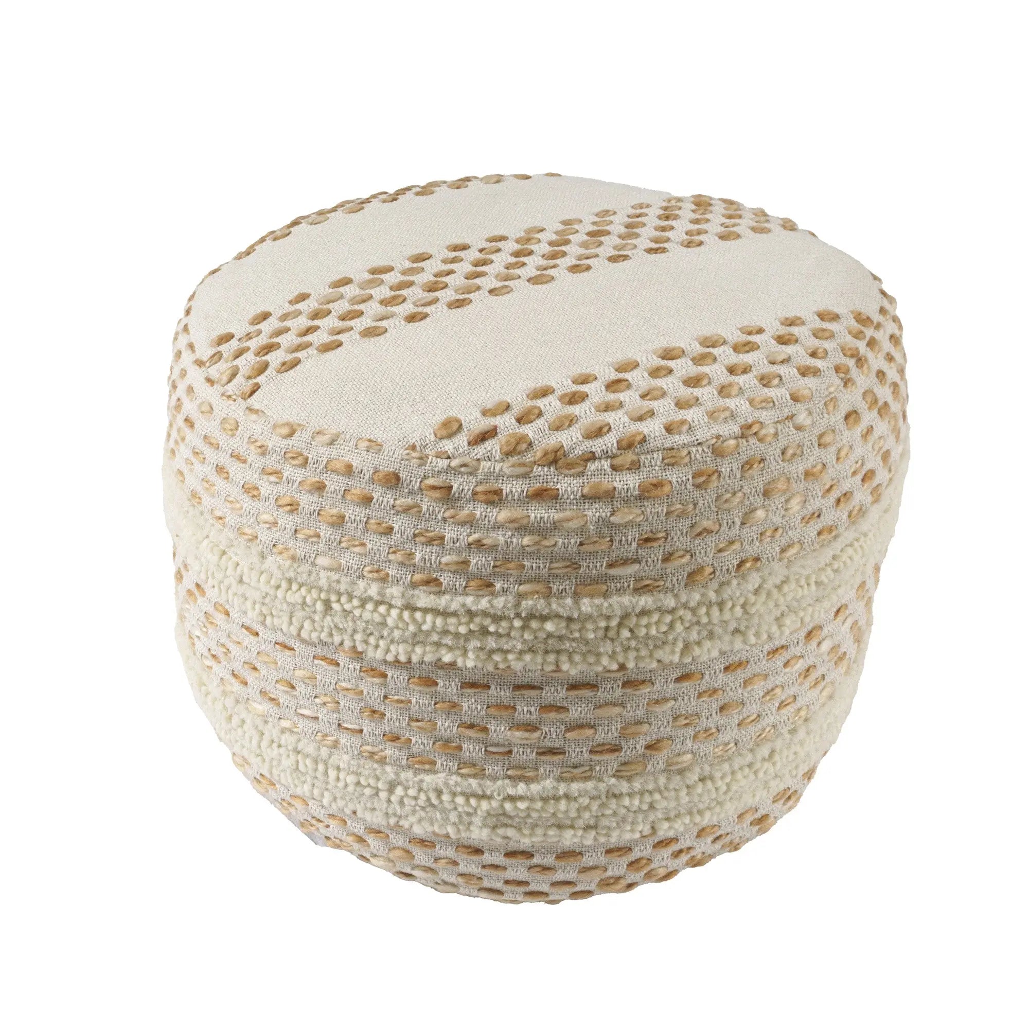 18" Ivory And Brown Cotton Blend Round Striped Pouf Ottoman Homeroots Living Room