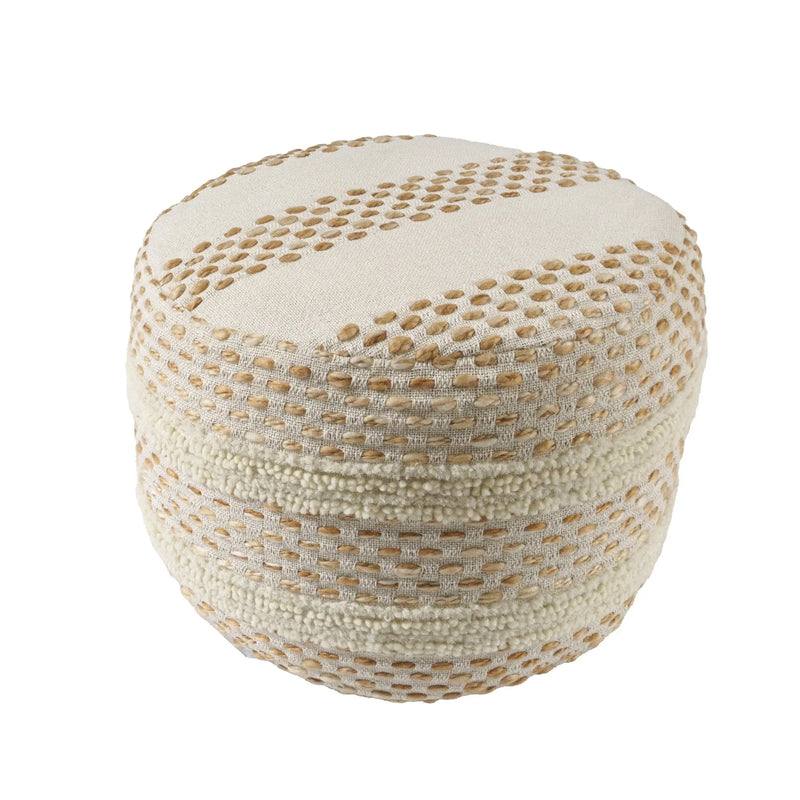 18" Ivory And Brown Cotton Blend Round Striped Pouf Ottoman Homeroots Living Room