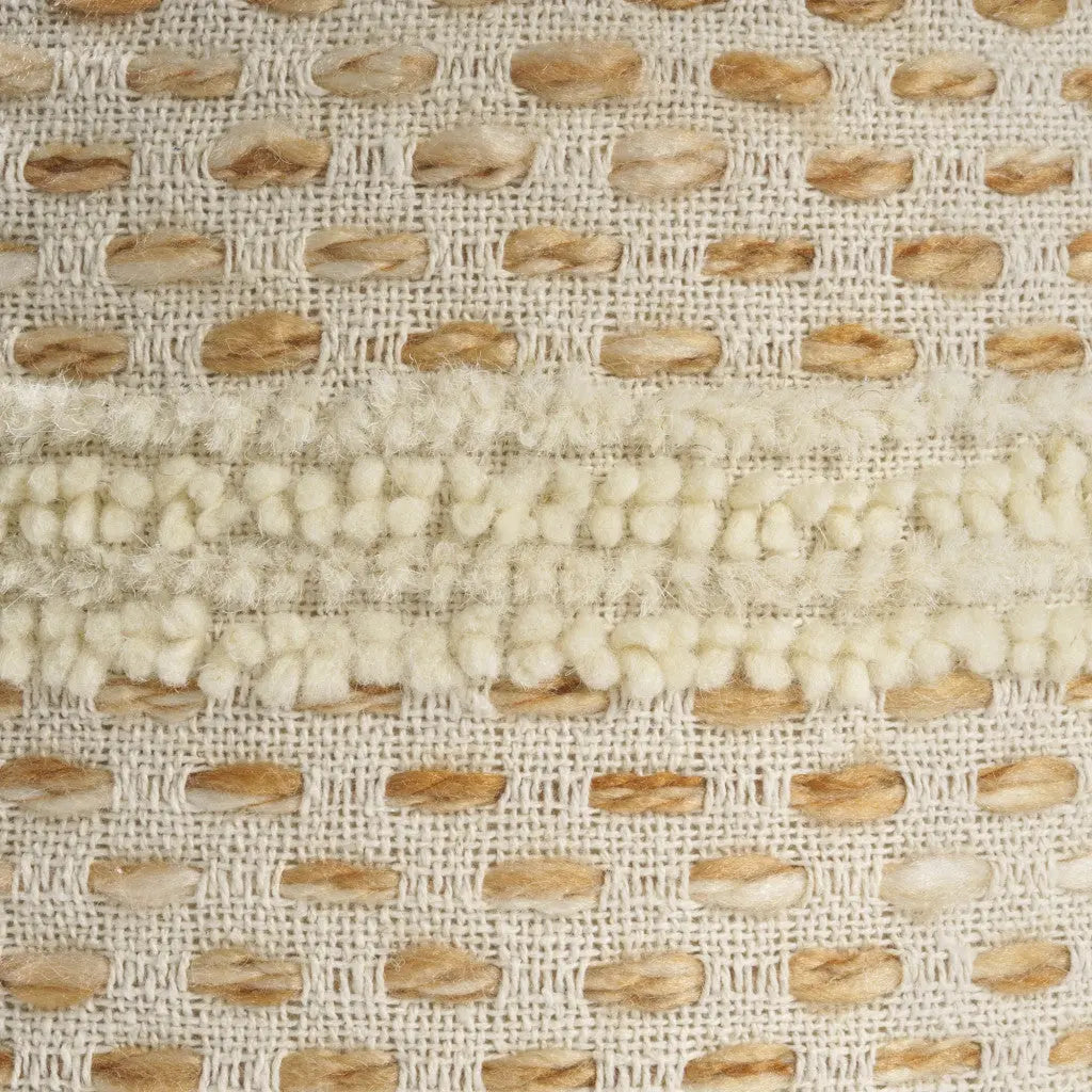 18" Ivory And Brown Cotton Blend Round Striped Pouf Ottoman Homeroots Living Room
