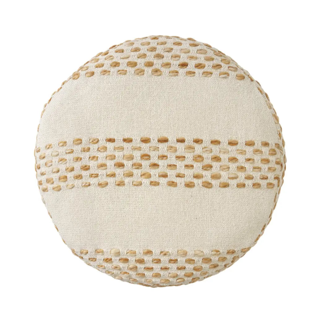 18" Ivory And Brown Cotton Blend Round Striped Pouf Ottoman Homeroots Living Room