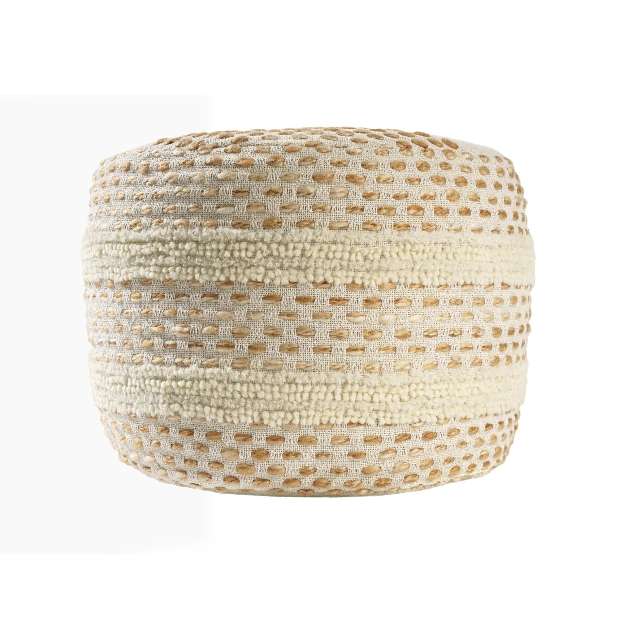 18" Ivory And Brown Cotton Blend Round Striped Pouf Ottoman Homeroots Living Room