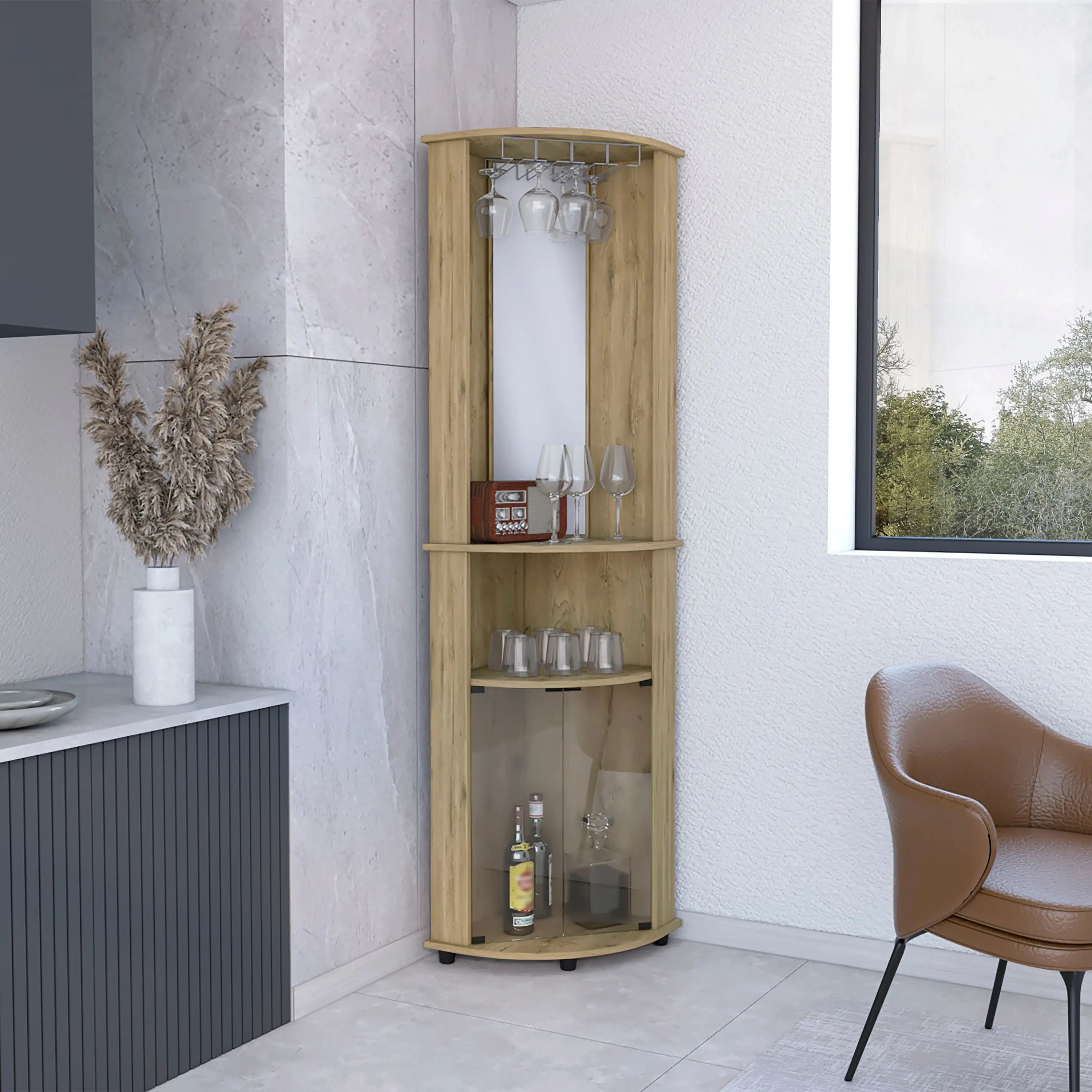 18" Light Brown Wood Corner Bar Cabinet With Two Doors Homeroots Kitchen & Dining