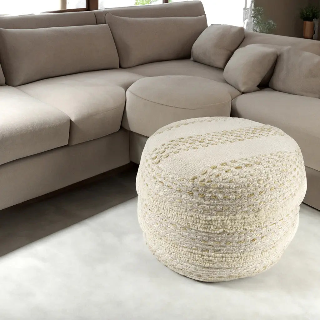 18" Natural And Ivory Cotton Blend Round Striped Pouf Ottoman Homeroots Living Room