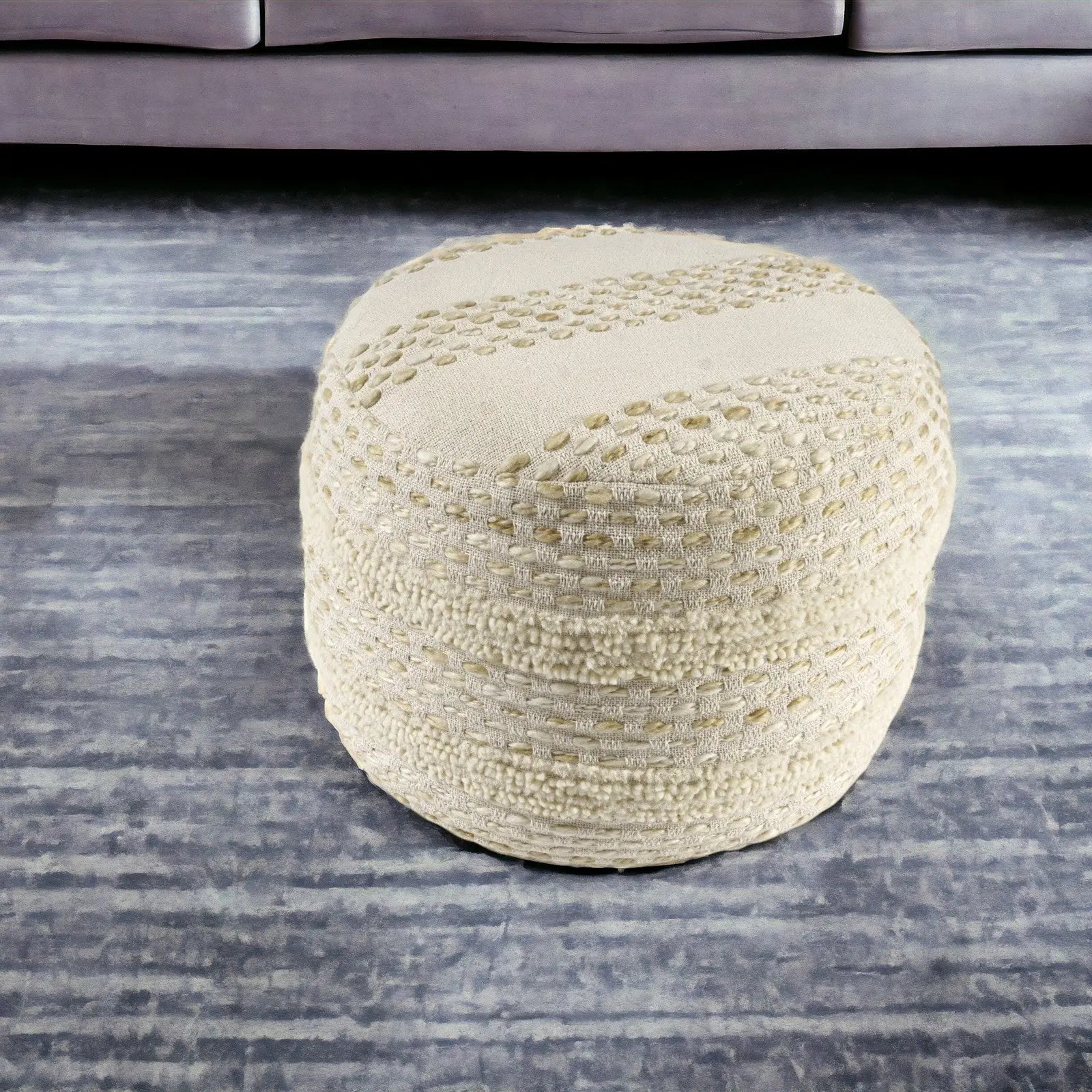18" Natural And Ivory Cotton Blend Round Striped Pouf Ottoman Homeroots Living Room