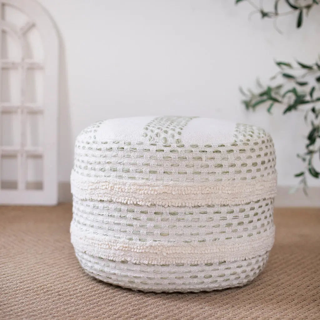 18" Natural And Ivory Cotton Blend Round Striped Pouf Ottoman Homeroots Living Room