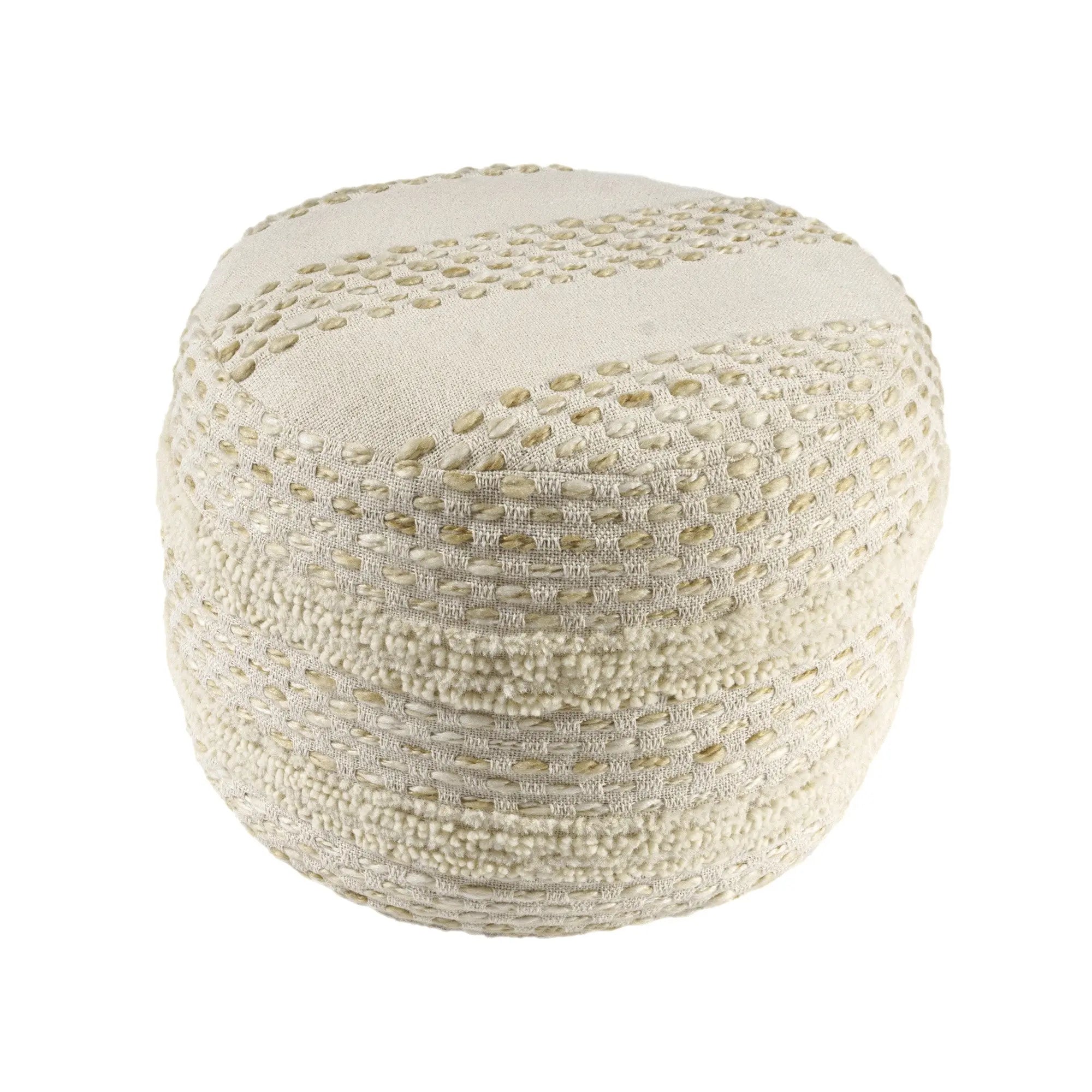 18" Natural And Ivory Cotton Blend Round Striped Pouf Ottoman Homeroots Living Room