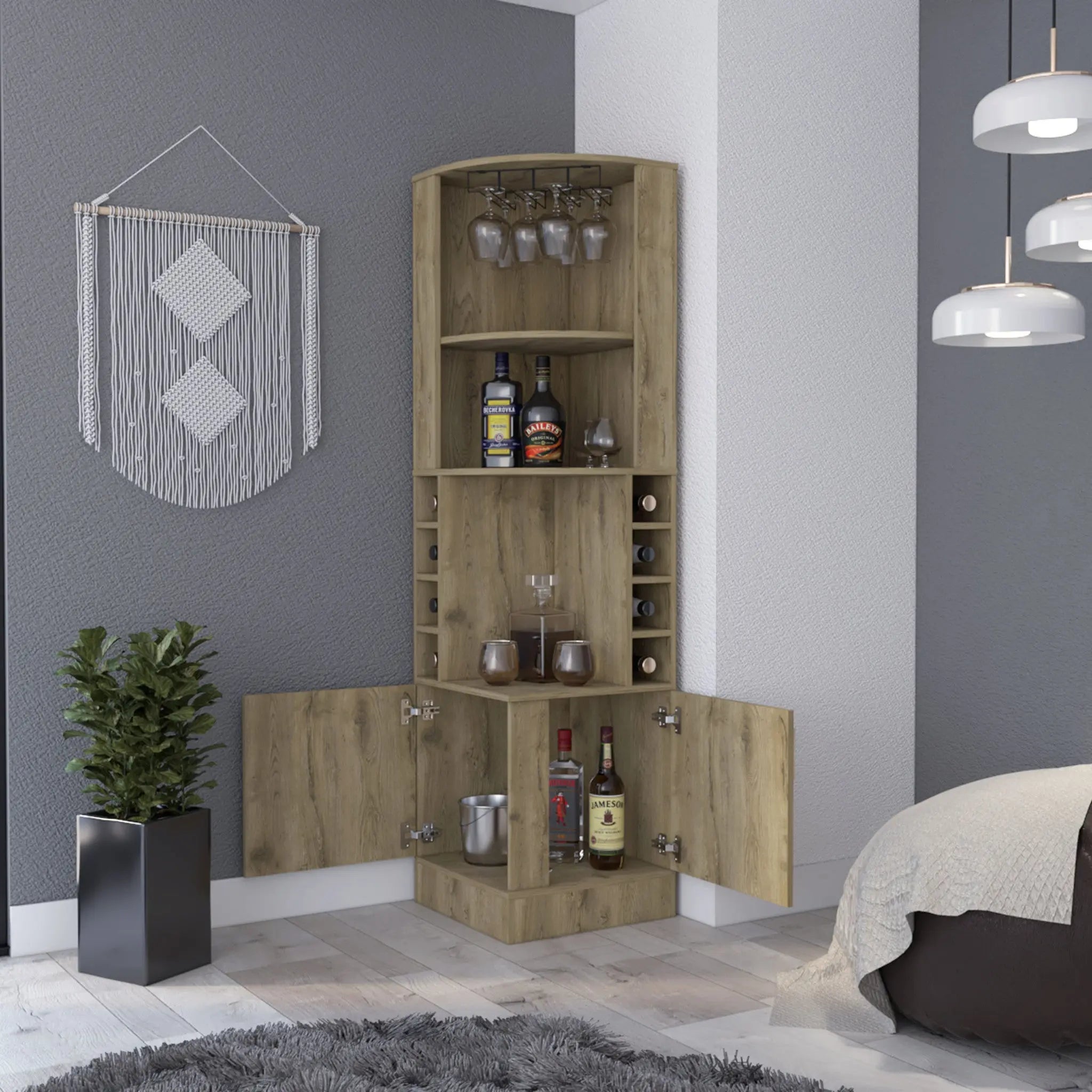 18" Natural Corner Bar Cabinet With Eleven Shelves Homeroots Kitchen & Dining