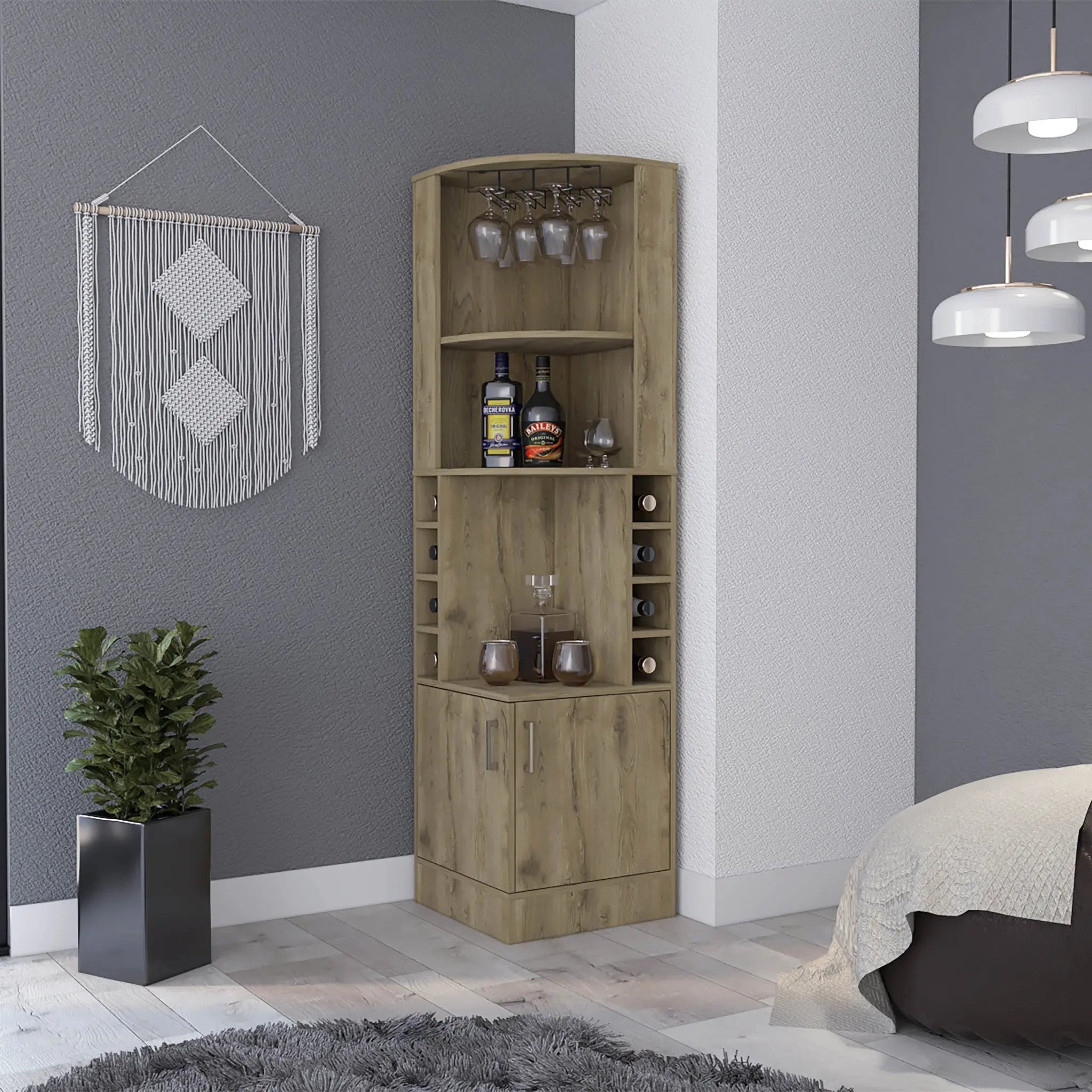 18" Natural Corner Bar Cabinet With Eleven Shelves Homeroots Kitchen & Dining