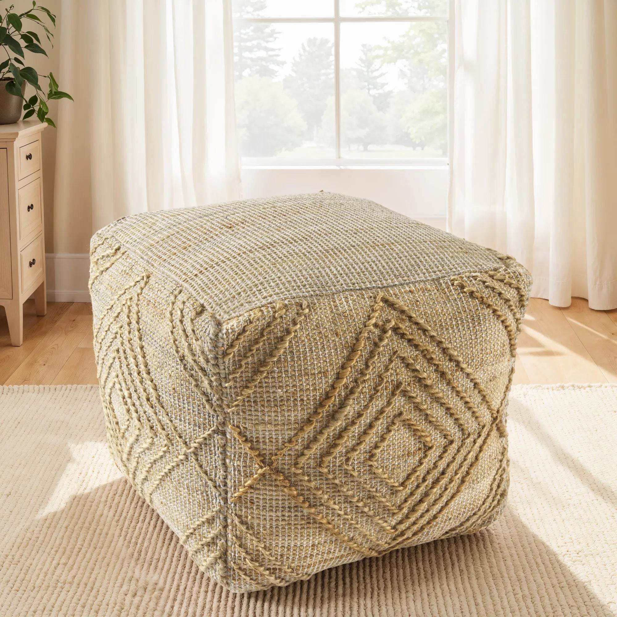 18" Natural Jute Blend Cube Geometric Pouf Ottoman Homeroots Living Room