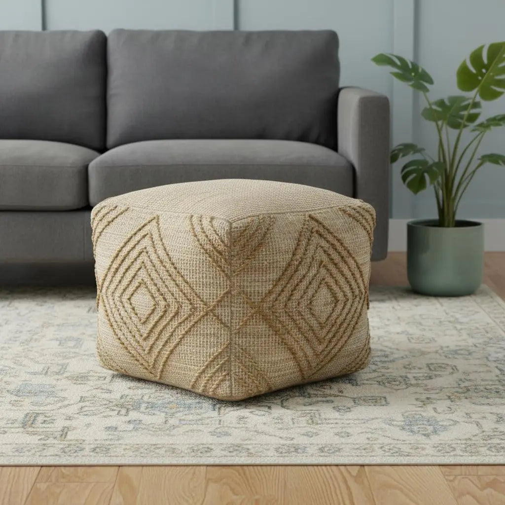 18" Natural Jute Blend Cube Geometric Pouf Ottoman Homeroots Living Room