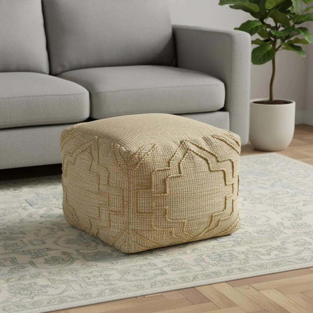 18" Natural Jute Blend Cube Quatrefoil Pouf Ottoman Homeroots Living Room