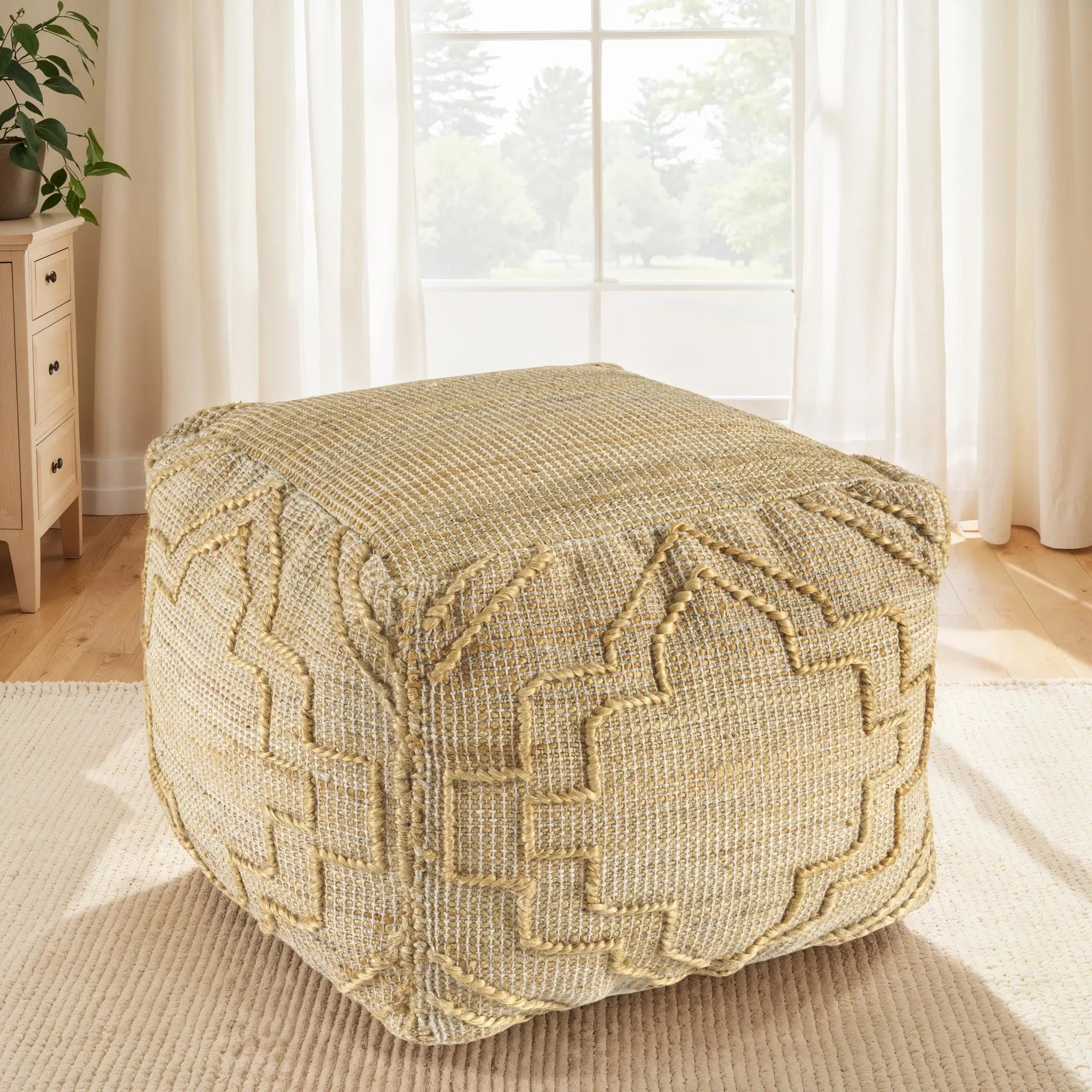 18" Natural Jute Blend Cube Quatrefoil Pouf Ottoman Homeroots Living Room
