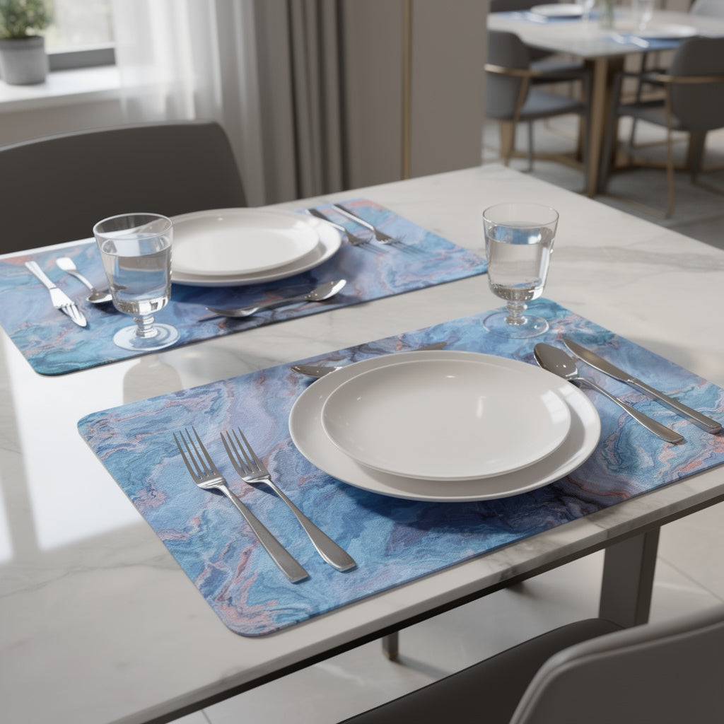 18" Set of Two Blue Abstract Faux Marble Cork Placemats Homeroots Kitchen & Dining