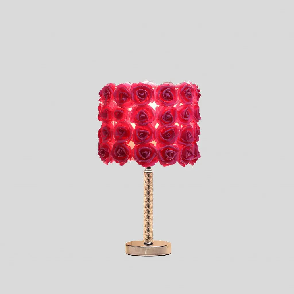 18" Silver Bedside Led Table Lamp With Red Flowers Drum Shade Homeroots Lighting