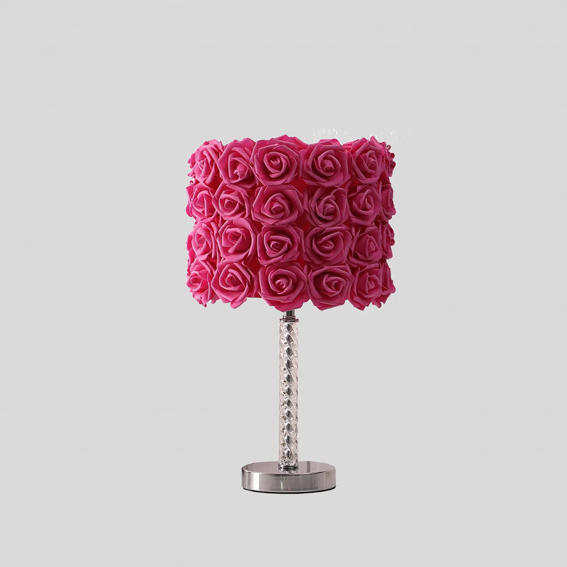 18" Silver Bedside Led Table Lamp With Red Flowers Drum Shade Homeroots Lighting