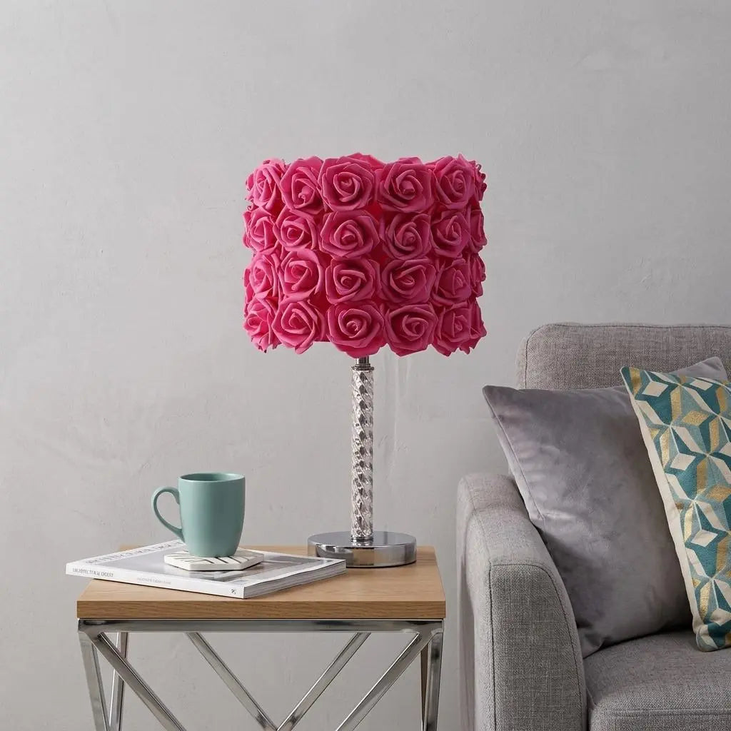 18" Silver Bedside Led Table Lamp With Red Flowers Drum Shade Homeroots Lighting