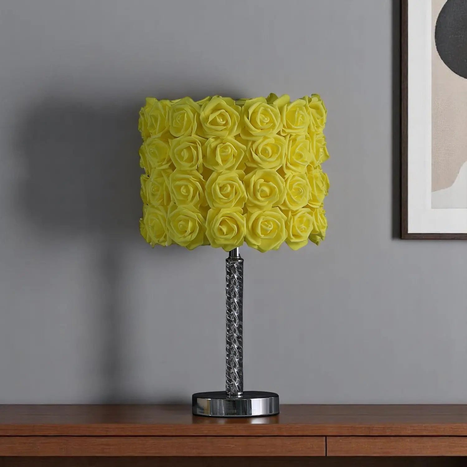 18" Silver Bedside Table Lamp With Yellow Flowers Drum Shade Homeroots Lighting