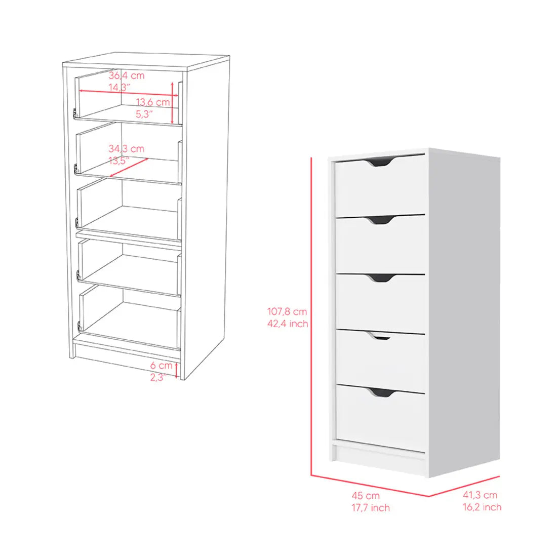 18" White Five Drawer Standard Chest Homeroots Bed & Bath