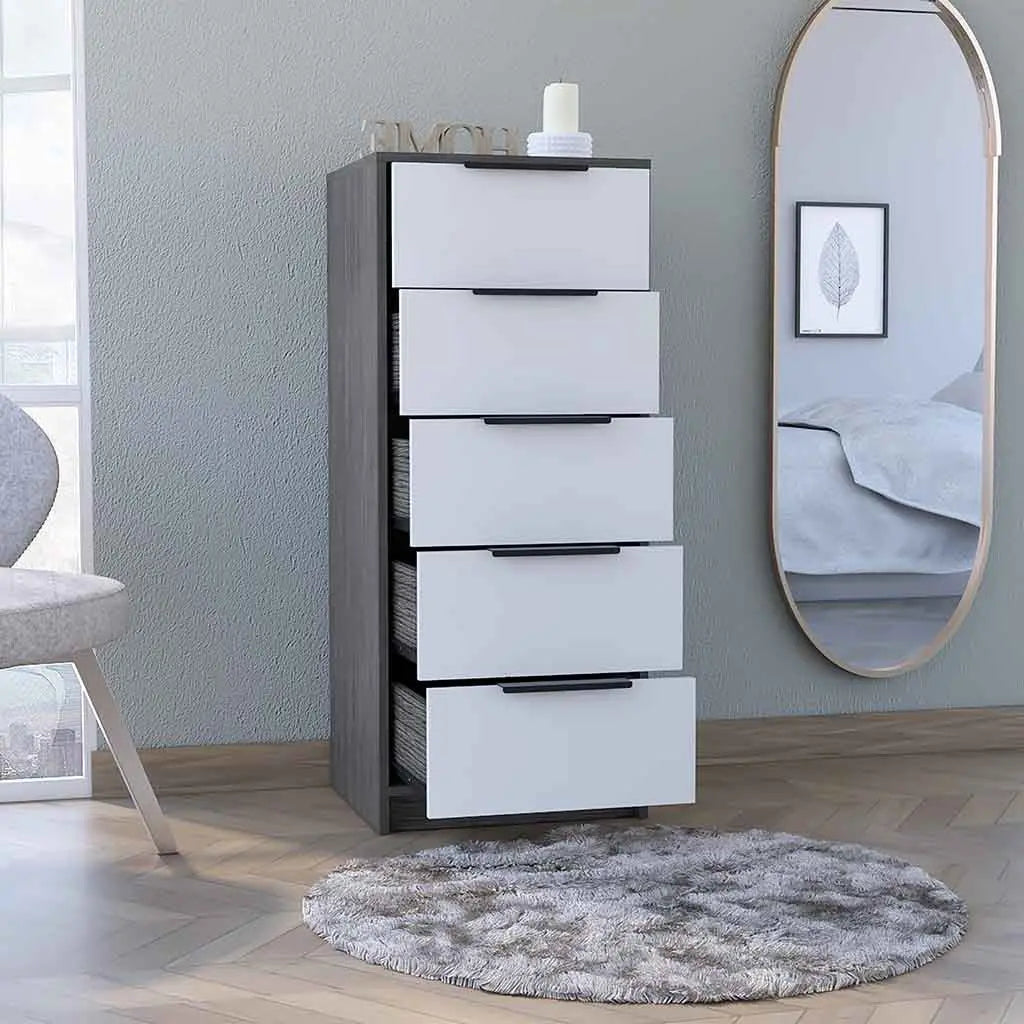 18" White and Gray Five Drawer Standard Chest Homeroots Bed & Bath