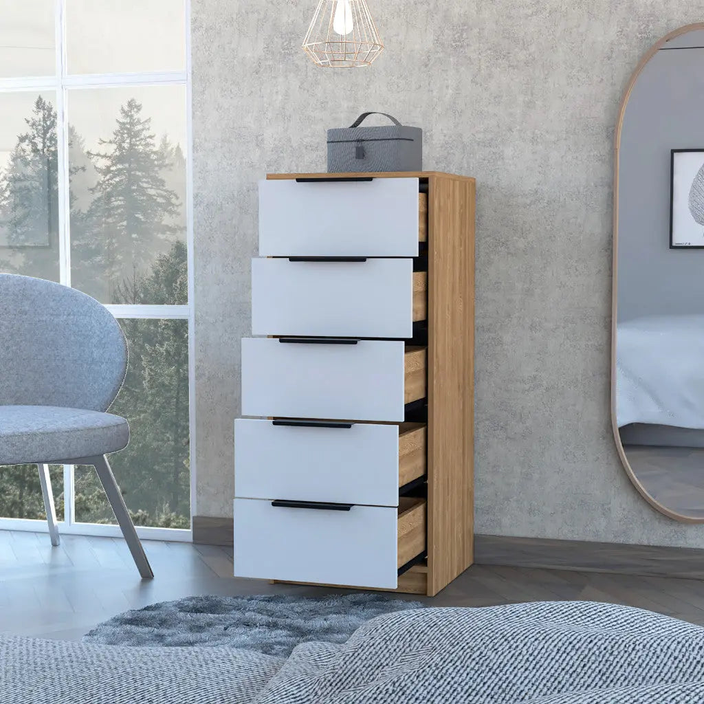 18" White and Natural Five Drawer Standard Chest Homeroots Bed & Bath