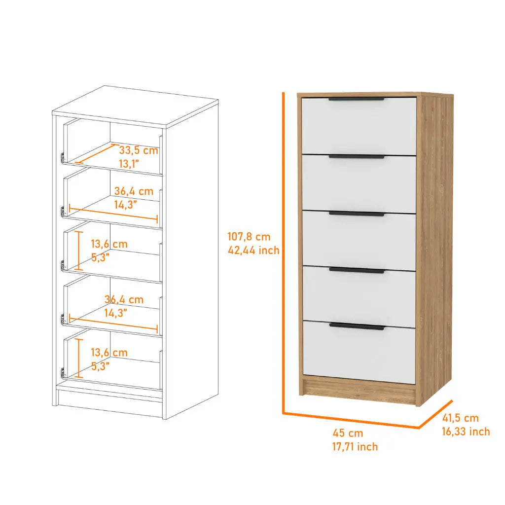 18" White and Natural Five Drawer Standard Chest Homeroots Bed & Bath