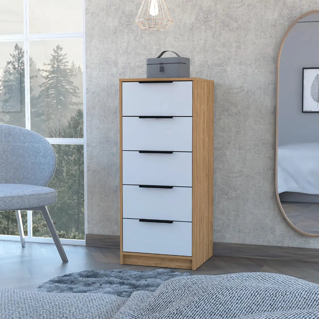 18" White and Natural Five Drawer Standard Chest Homeroots Bed & Bath