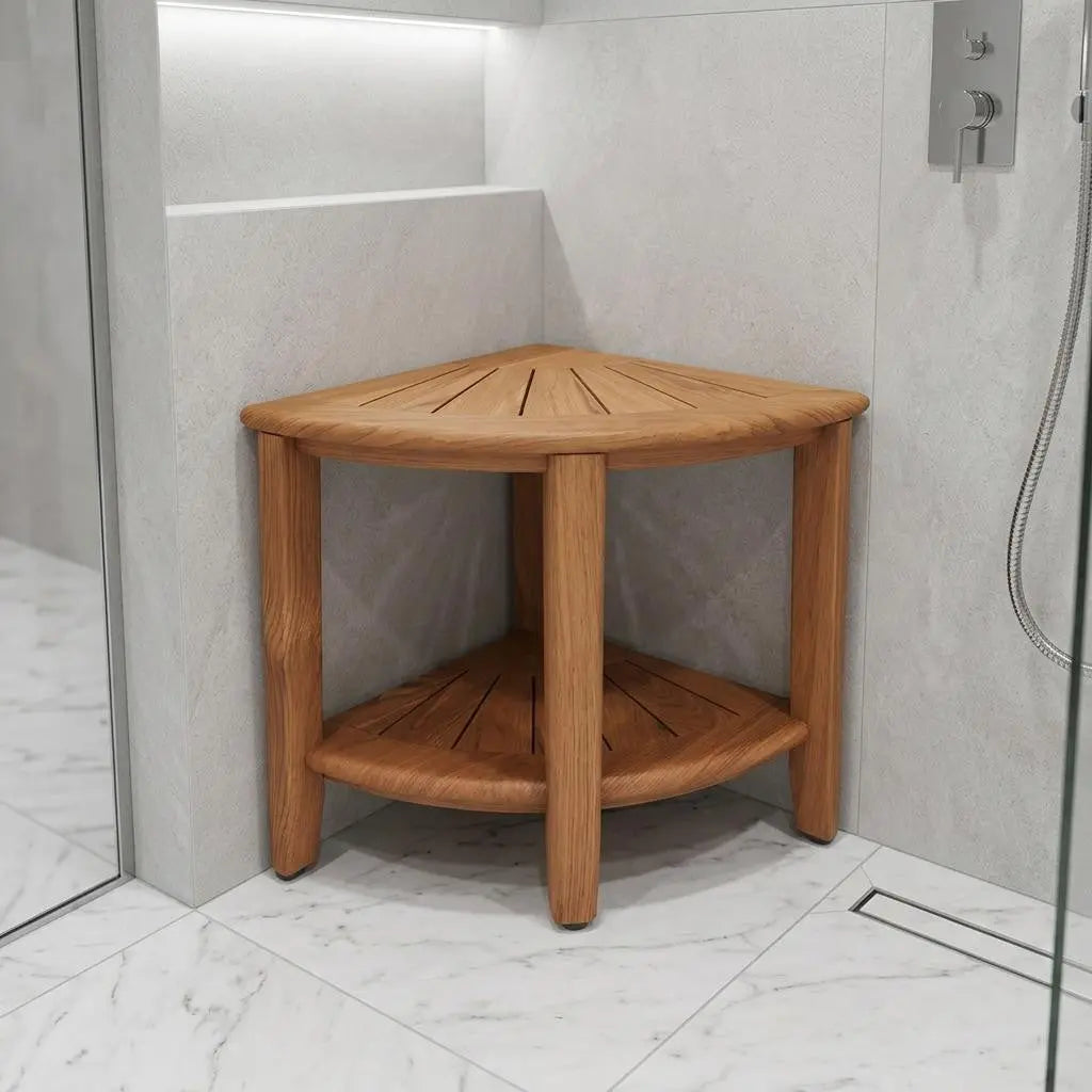18" X 16" Brown Teak Corner Rectangular Shower Bench With Shelf Homeroots Bed & Bath