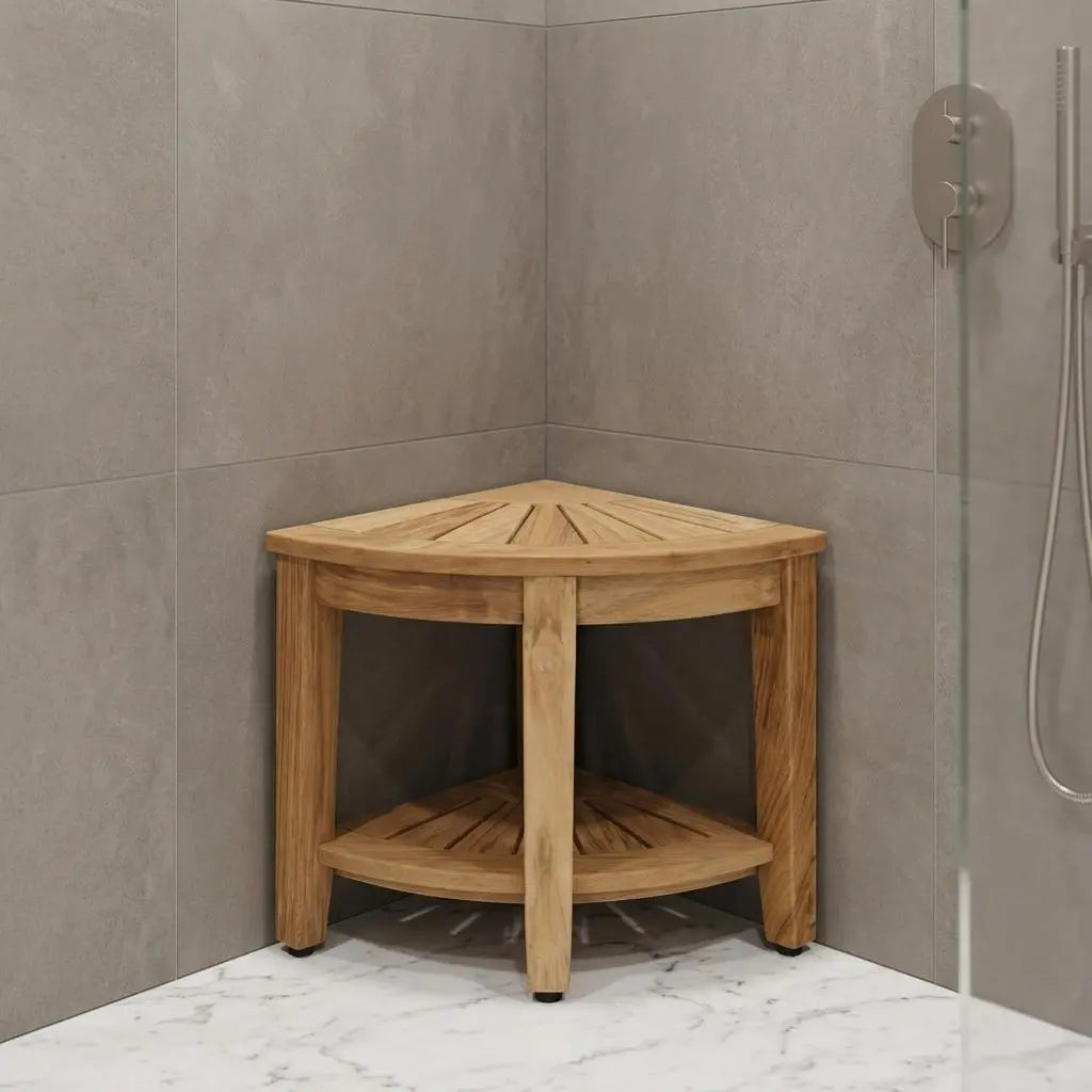 18" X 16" Brown Teak Corner Shower Bench With Shelf Homeroots Bed & Bath