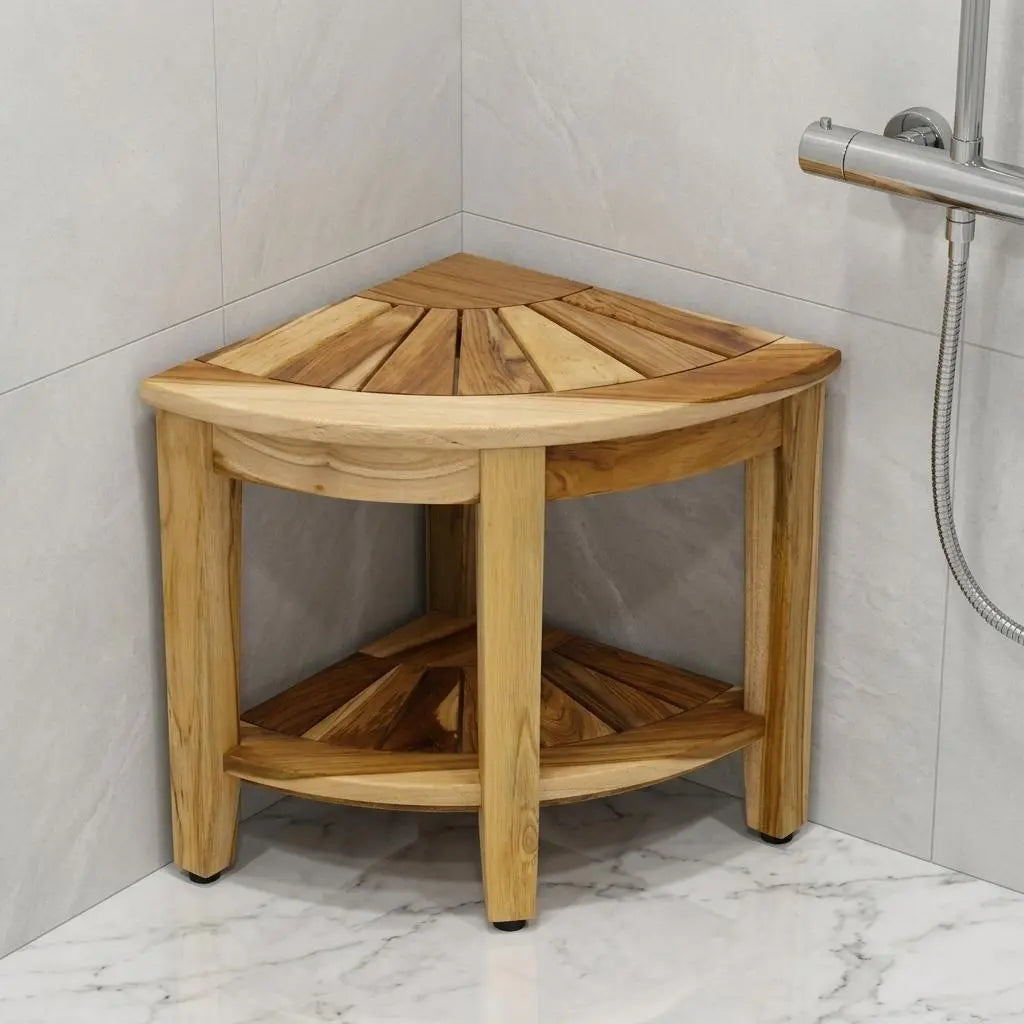 18" X 16" Brown Teak Corner Shower Bench With Shelf Homeroots Bed & Bath