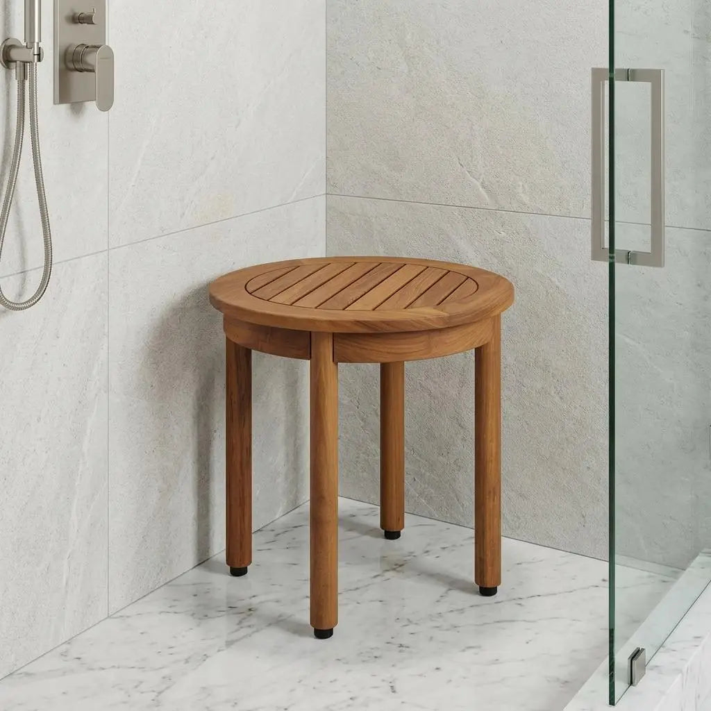 18" X 18" Brown Teak Circular Shower Bench Homeroots Bed & Bath