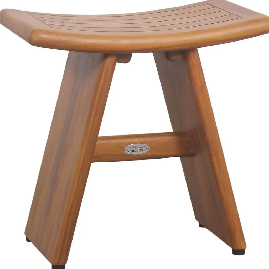 Natural teak curved shower bench with slatted top and sturdy legs, perfect for spa-like bathrooms.