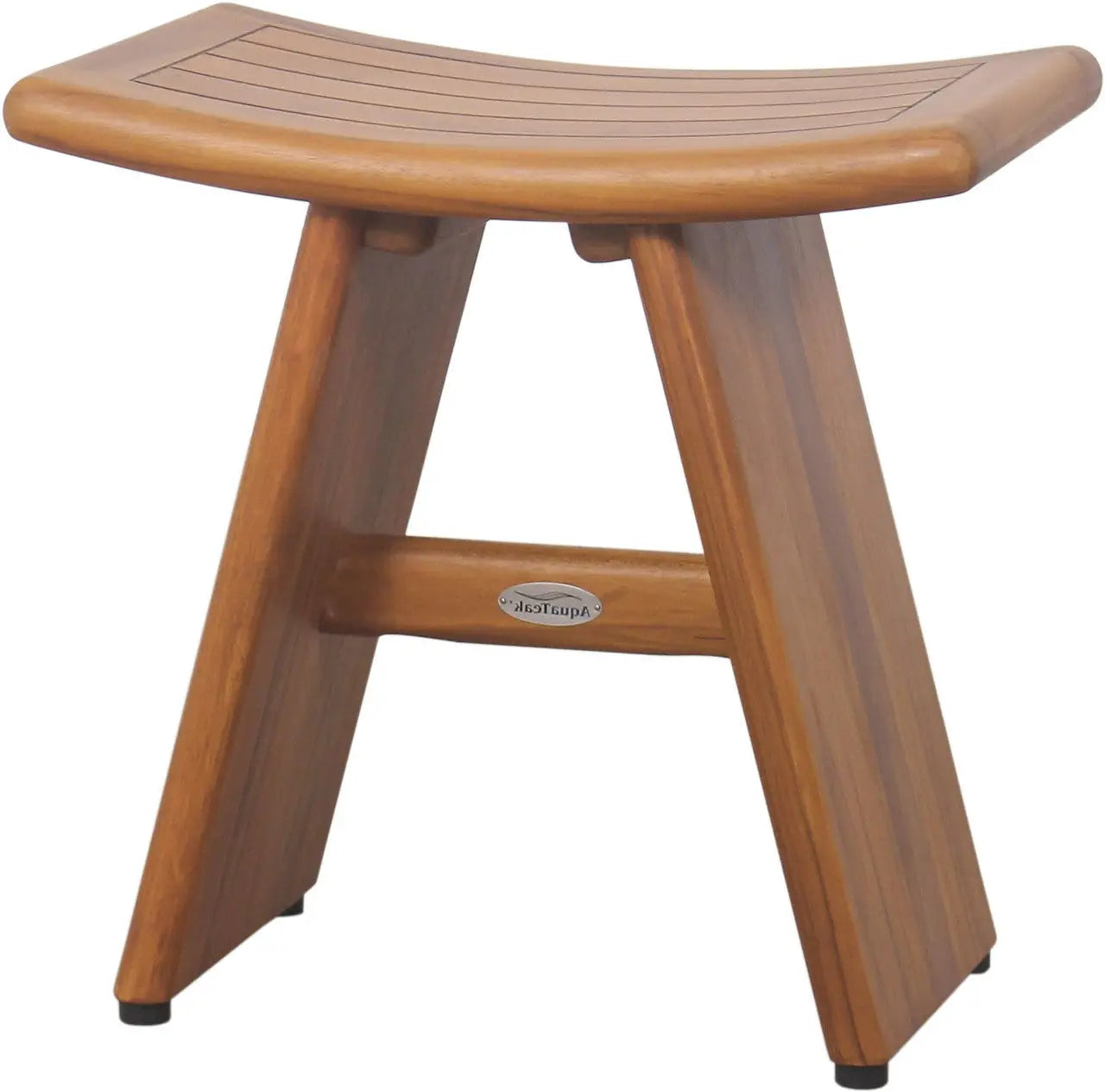 Stylish wooden stool with a curved seat, featuring a warm brown finish and sleek design, perfect for indoor or outdoor use.