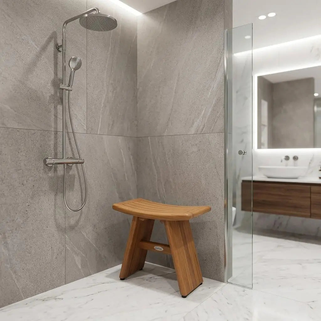 Natural bamboo shower stool with curved design, set against sleek gray marble tiles and modern bathroom fixtures.