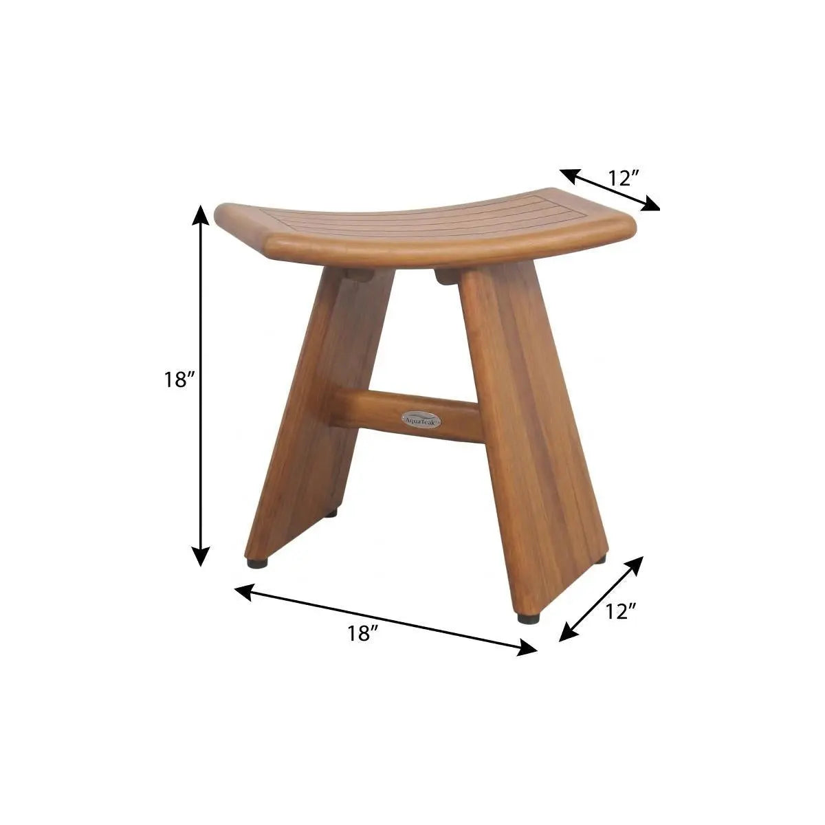 Natural bamboo shower stool, curved seat, 18" x 12" x 12", ideal for modern bathroom decor.
