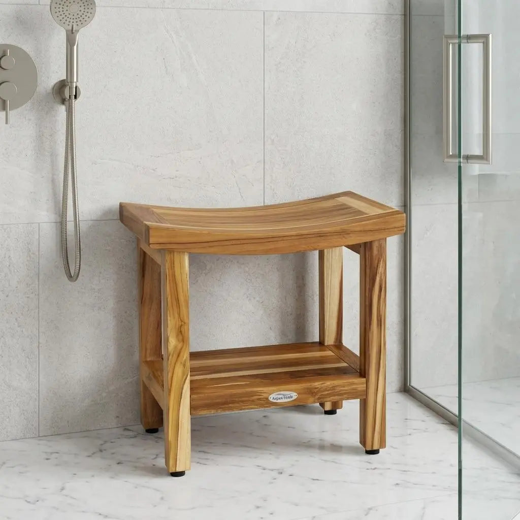 18" X 18" Brown Teak Rectangular Shower Bench With Shelf Homeroots Bed & Bath