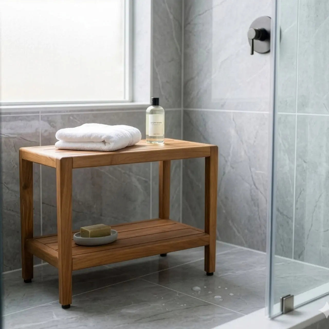 18" X 24" Brown Teak Rectangular Shower Bench With Shelf Homeroots Bed & Bath