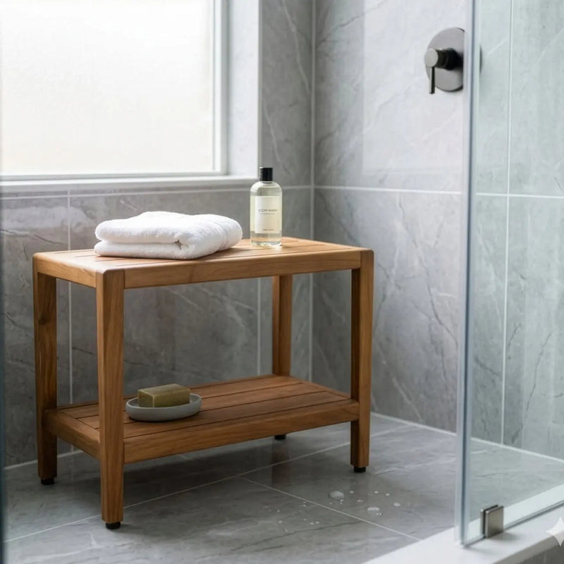 18" X 24" Brown Teak Rectangular Shower Bench With Shelf Homeroots Bed & Bath