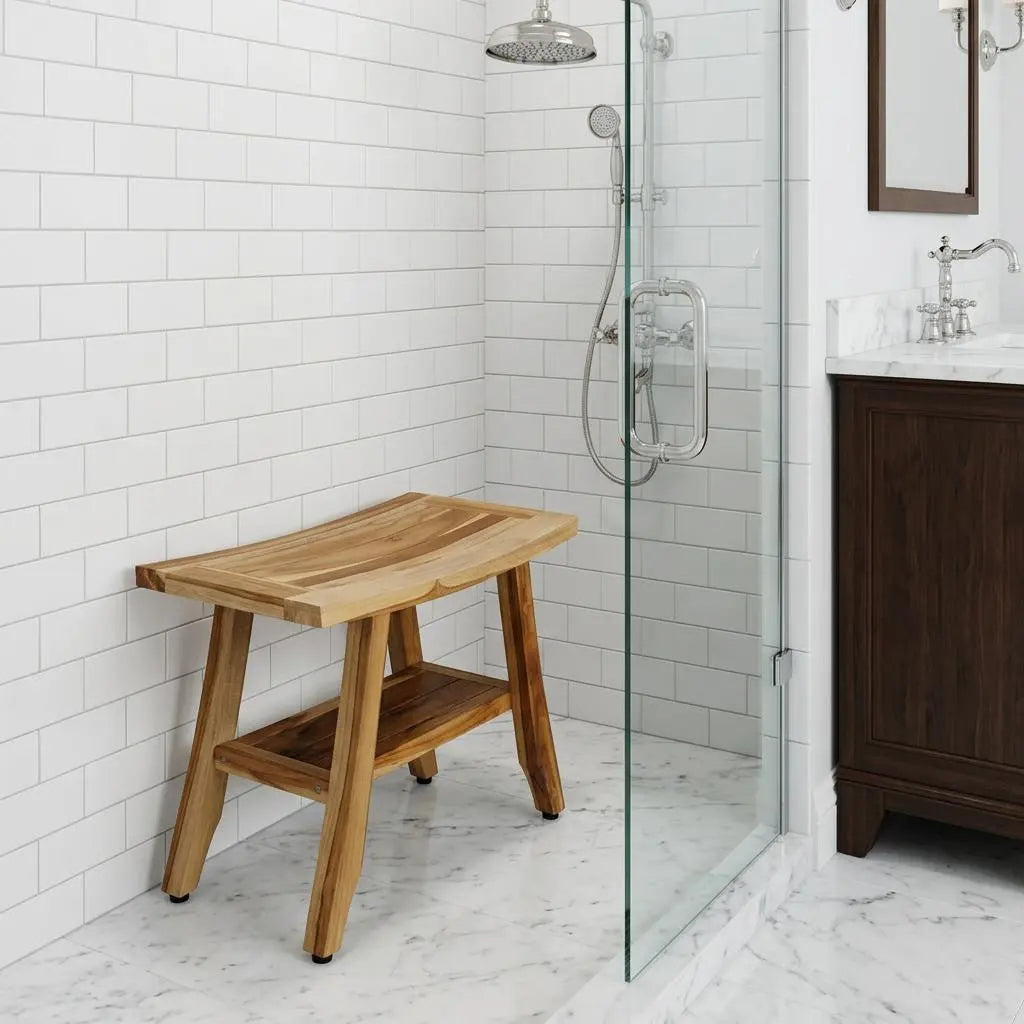 18" X 24" Natural Teak Rectangular Shower Bench With Shelf Homeroots Bed & Bath