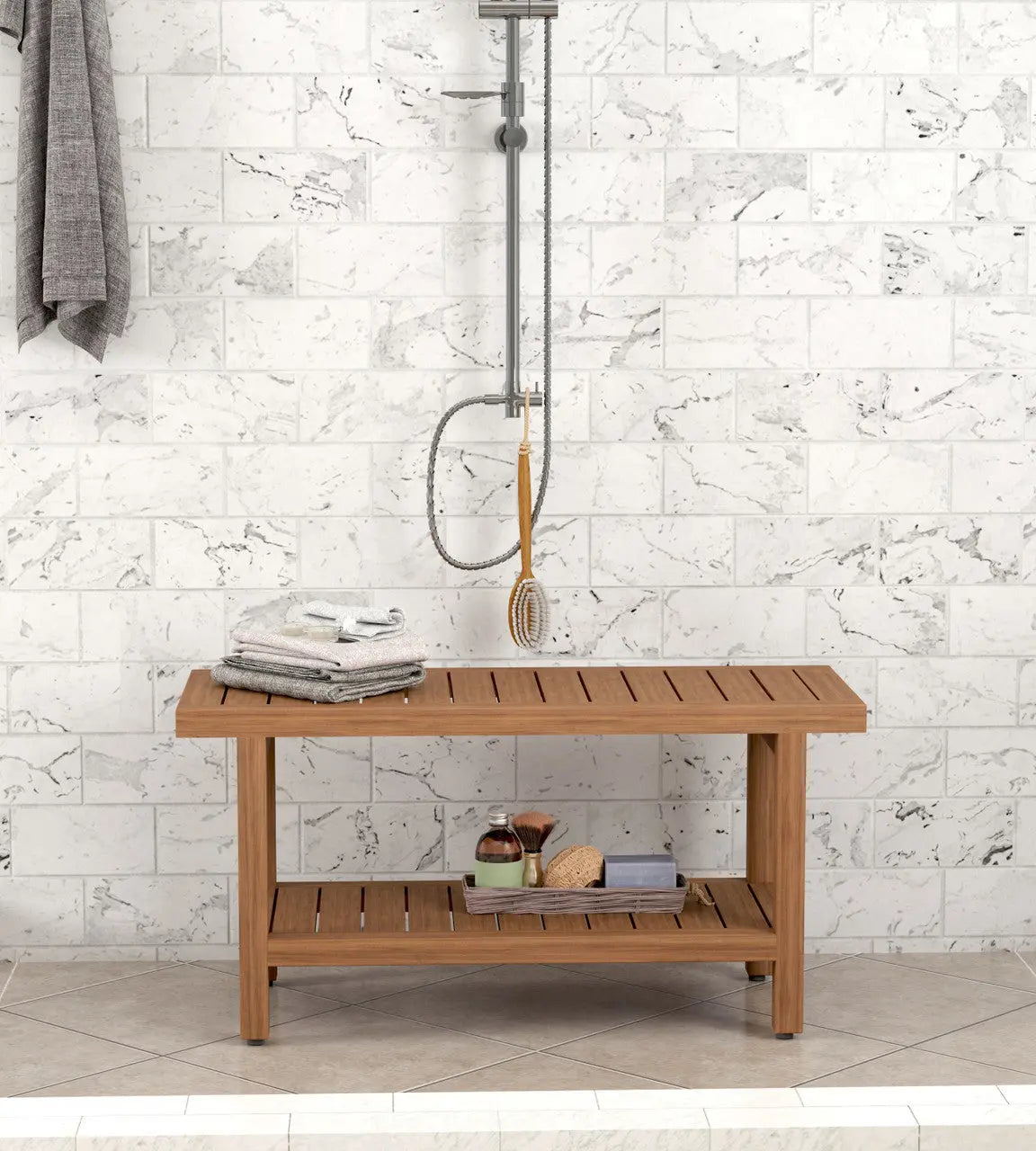 18" X 36" Brown Teak Rectangular Shower Bench With Shelf Homeroots Bed & Bath