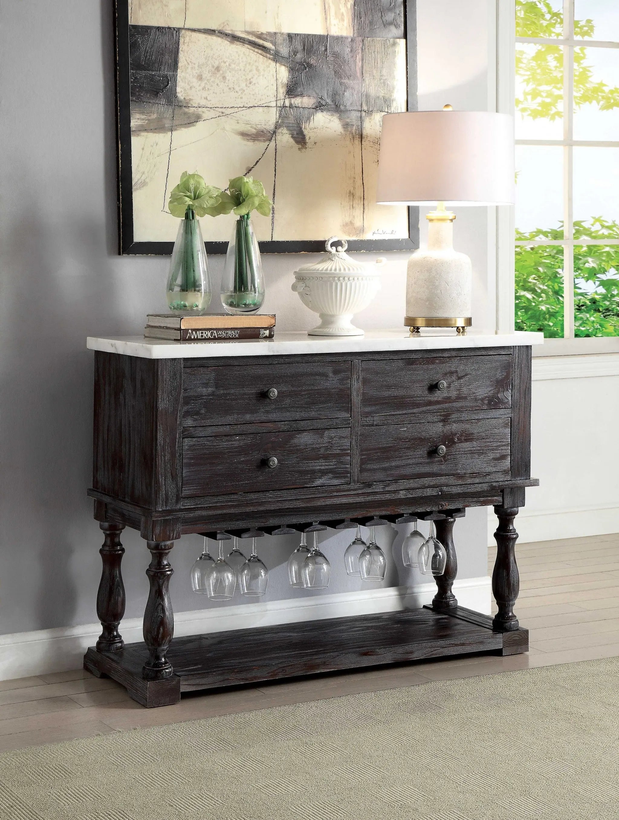 18" X 48" X 36" White Marble Weathered Espresso Wood Server - GreatEagleInc