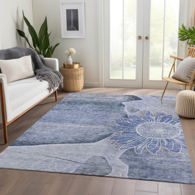 10' X 14' Sky Blue And Indigo Floral Washable Indoor Outdoor Area Rug - GreatEagleInc