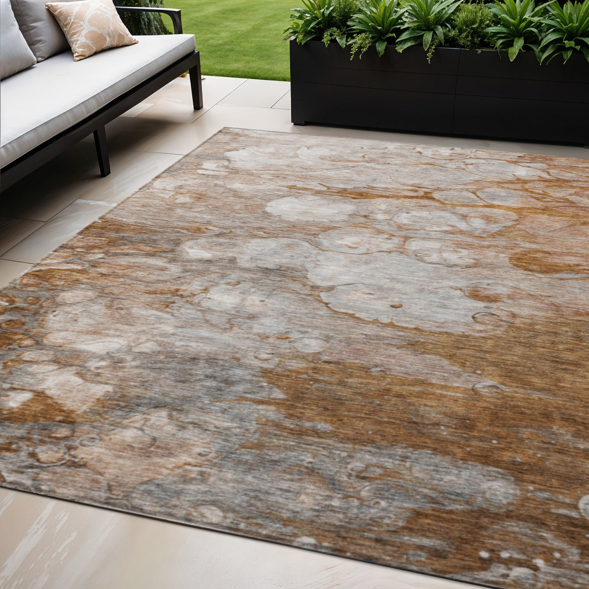 5' X 8' Terra Cotta Gray And Silver Abstract Washable Indoor Outdoor Area Rug - GreatEagleInc