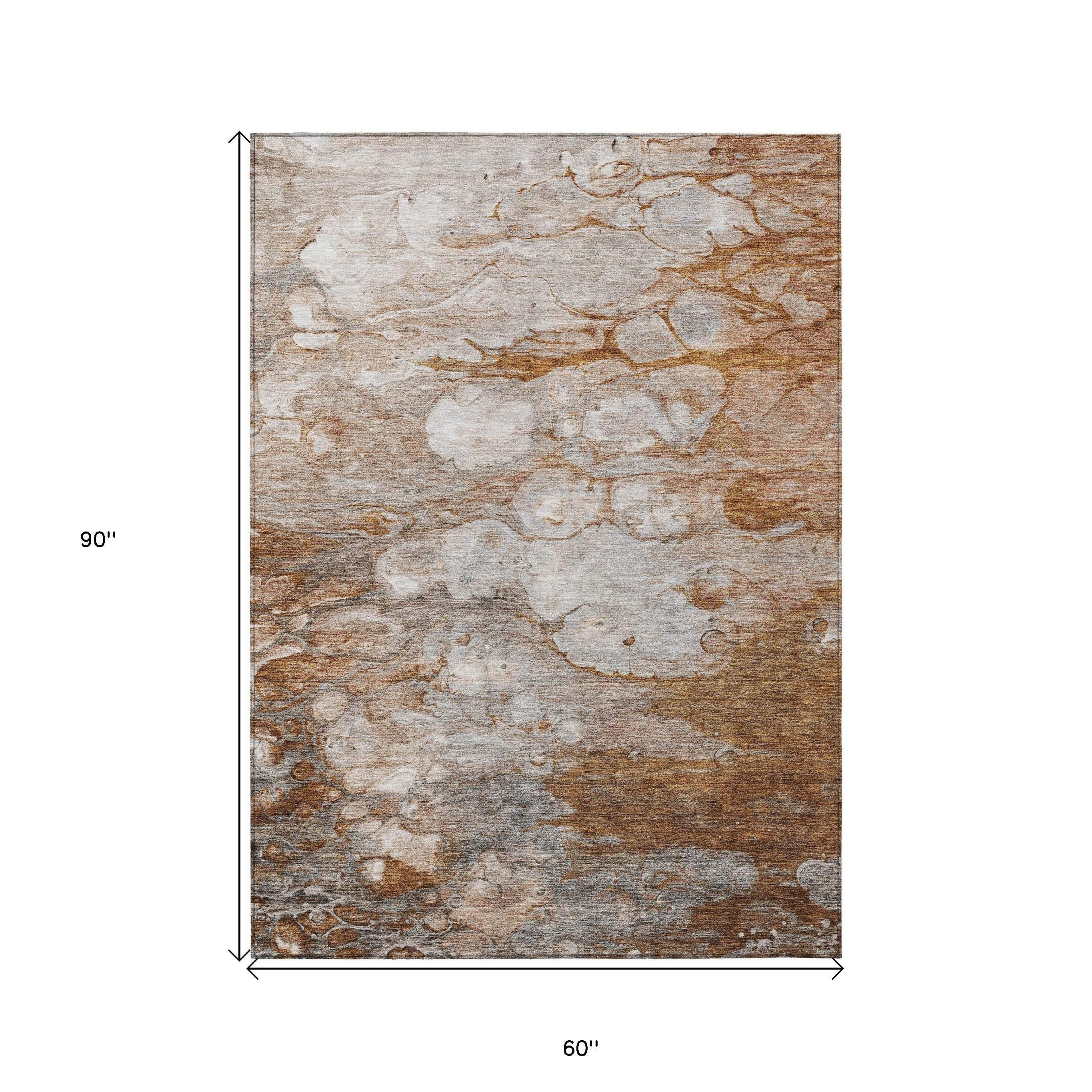 5' X 8' Terra Cotta Gray And Silver Abstract Washable Indoor Outdoor Area Rug - GreatEagleInc