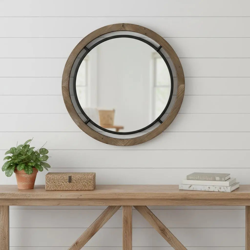 19" Black And Brown Metal And Solid Wood Round Geometric Framed Accent Mirror Homeroots Bed & Bath