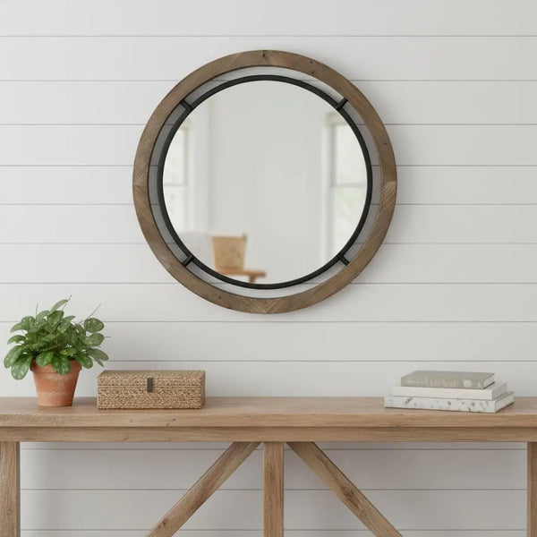 19" Black And Brown Metal And Solid Wood Round Geometric Framed Accent Mirror Homeroots Bed & Bath