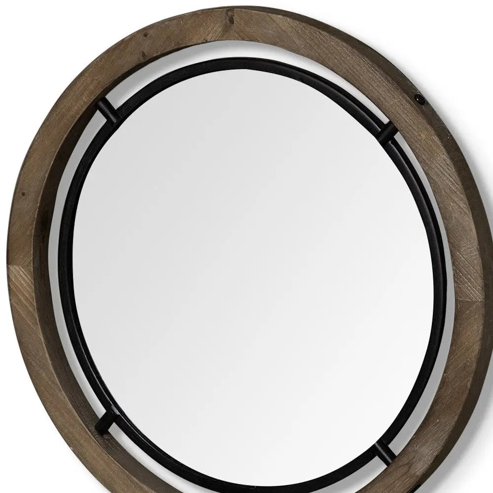 19" Black And Brown Metal And Solid Wood Round Geometric Framed Accent Mirror Homeroots Bed & Bath
