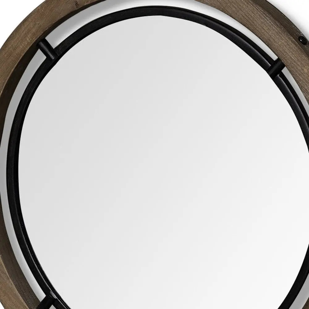 19" Black And Brown Metal And Solid Wood Round Geometric Framed Accent Mirror Homeroots Bed & Bath
