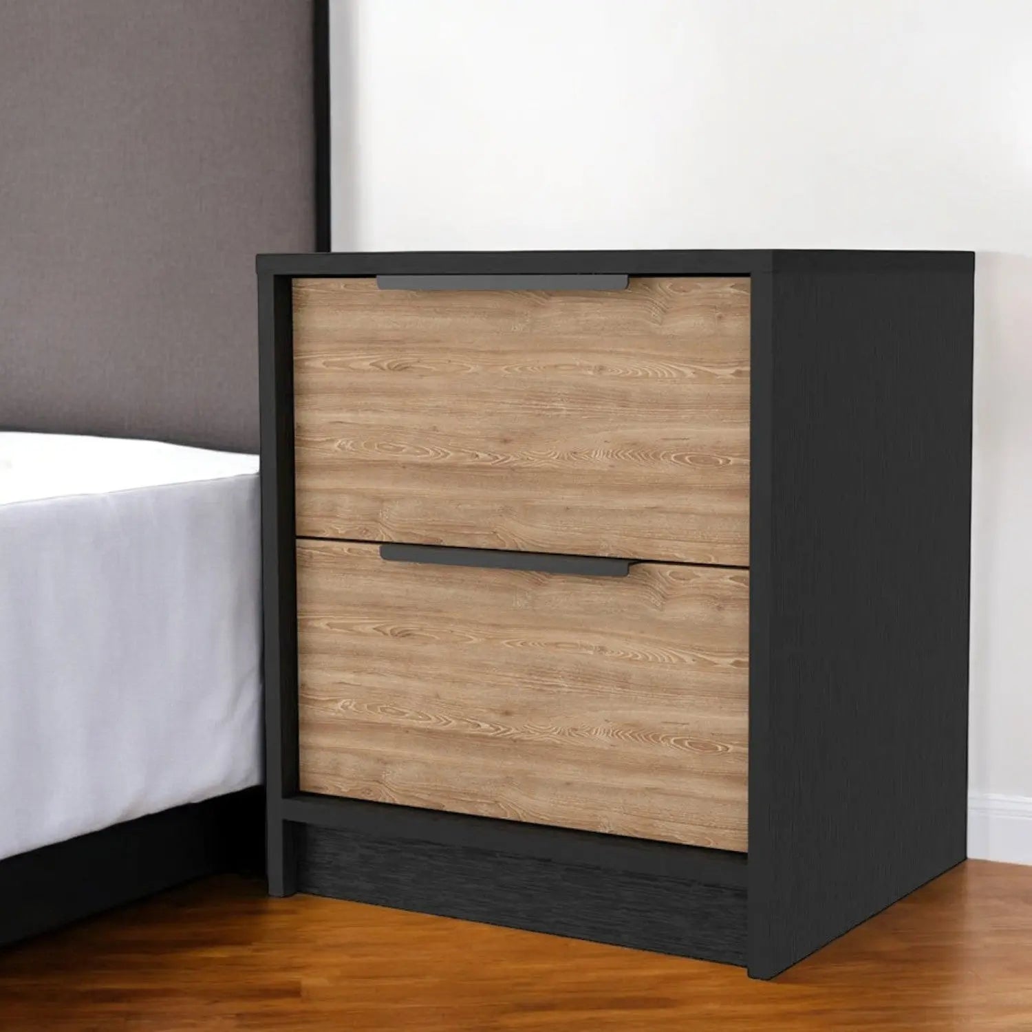 19" Black And Natural Wood Two Drawer Nightstand Homeroots Bed & Bath