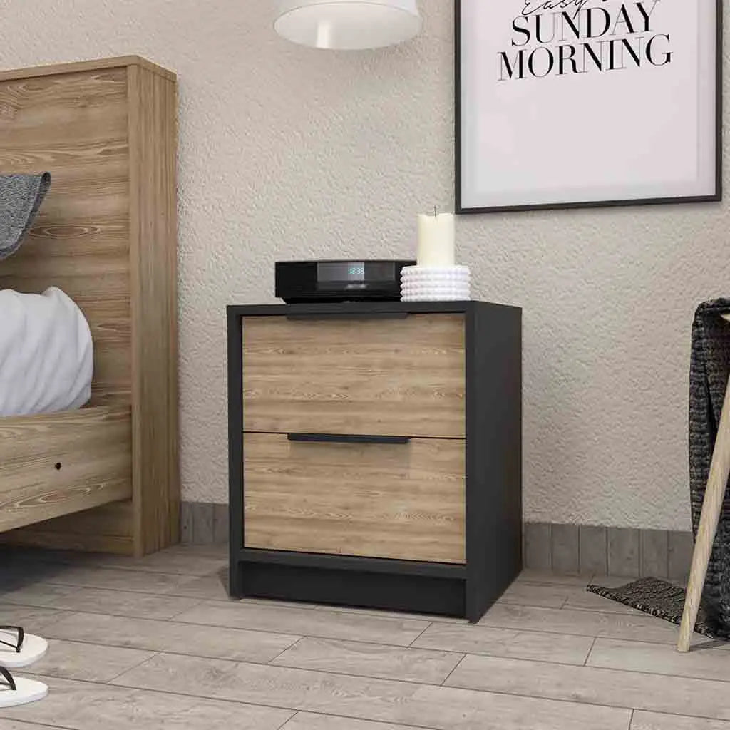 19" Black And Natural Wood Two Drawer Nightstand Homeroots Bed & Bath