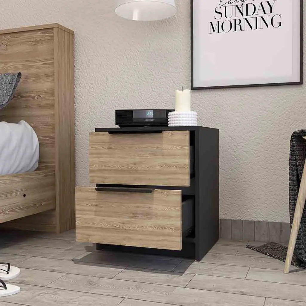 19" Black And Natural Wood Two Drawer Nightstand Homeroots Bed & Bath